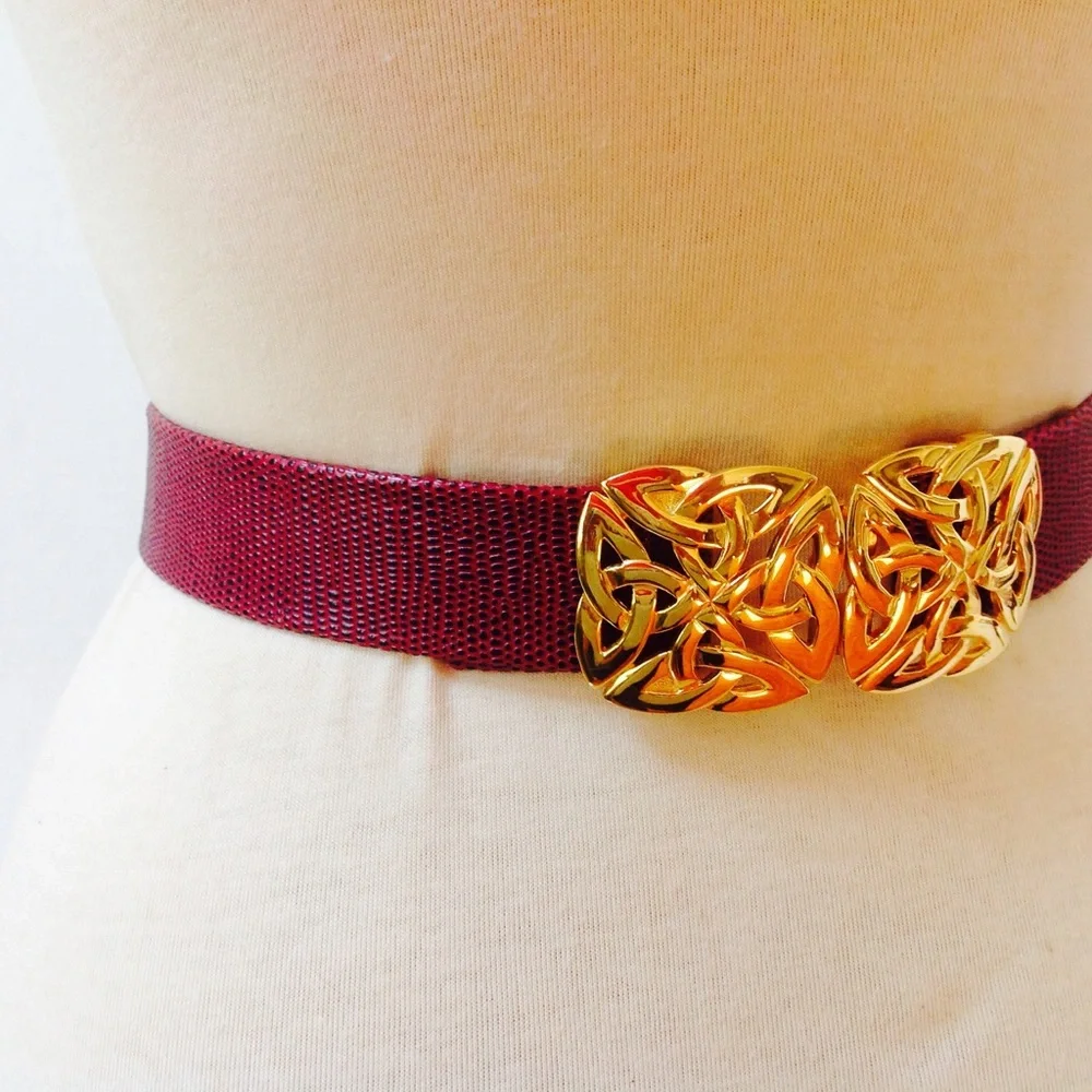 Vintage Red Leather Belt Croco Gold Buckle